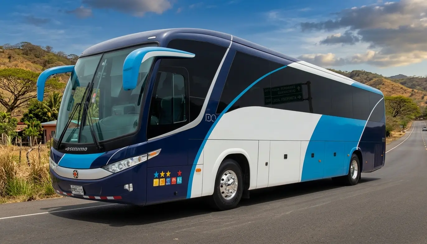 Luxury blue and white executive tour bus parked overlooking scenic mountains and tropical lush hills in Costa Rica.